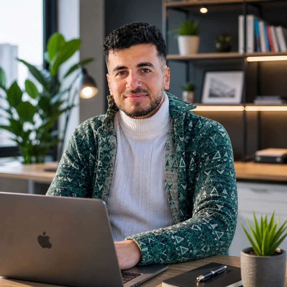 Wasem Aljundy working at a laptop in his studio