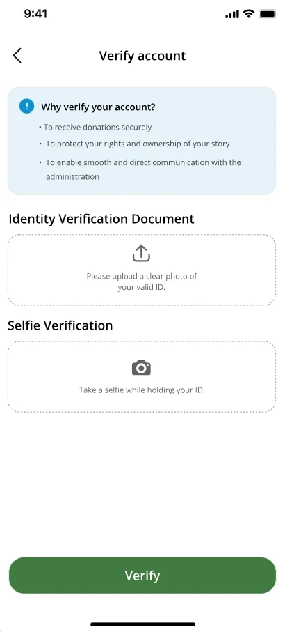 Aid For Palestine identity verification upload workflow