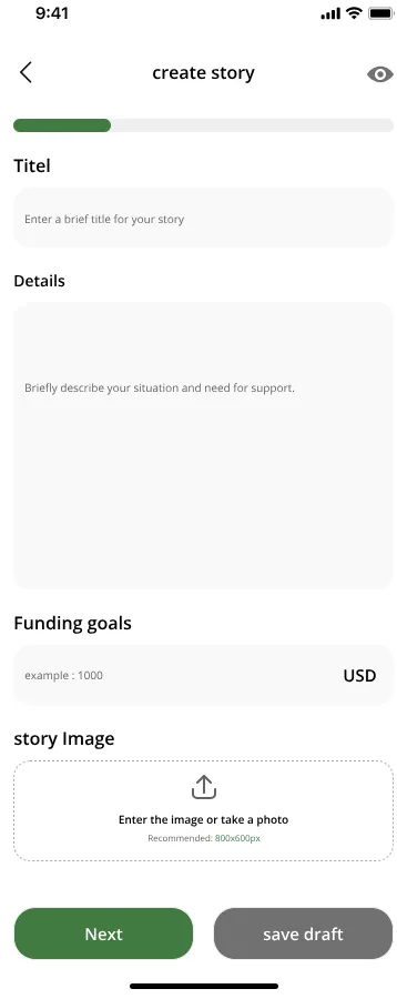 Aid For Palestine beneficiary story creation form