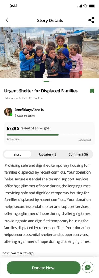 Aid For Palestine story detail and donation action using approved demonstration content