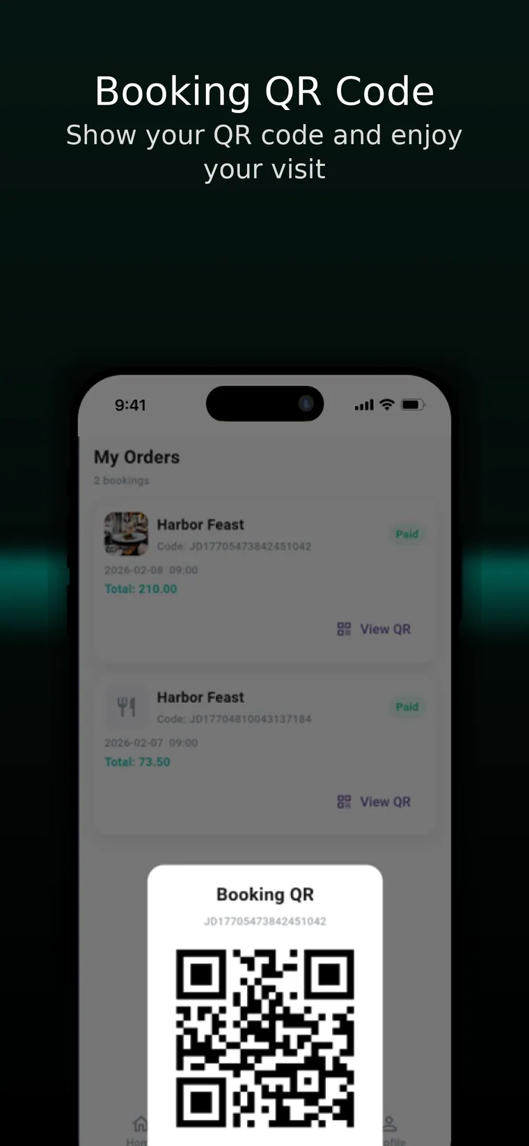Jood booking interface showing QR access from an existing paid order