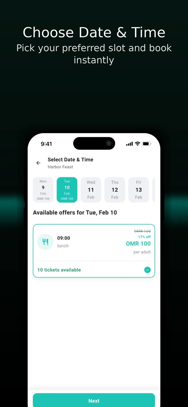 Jood date and time selection interface for an available restaurant offer
