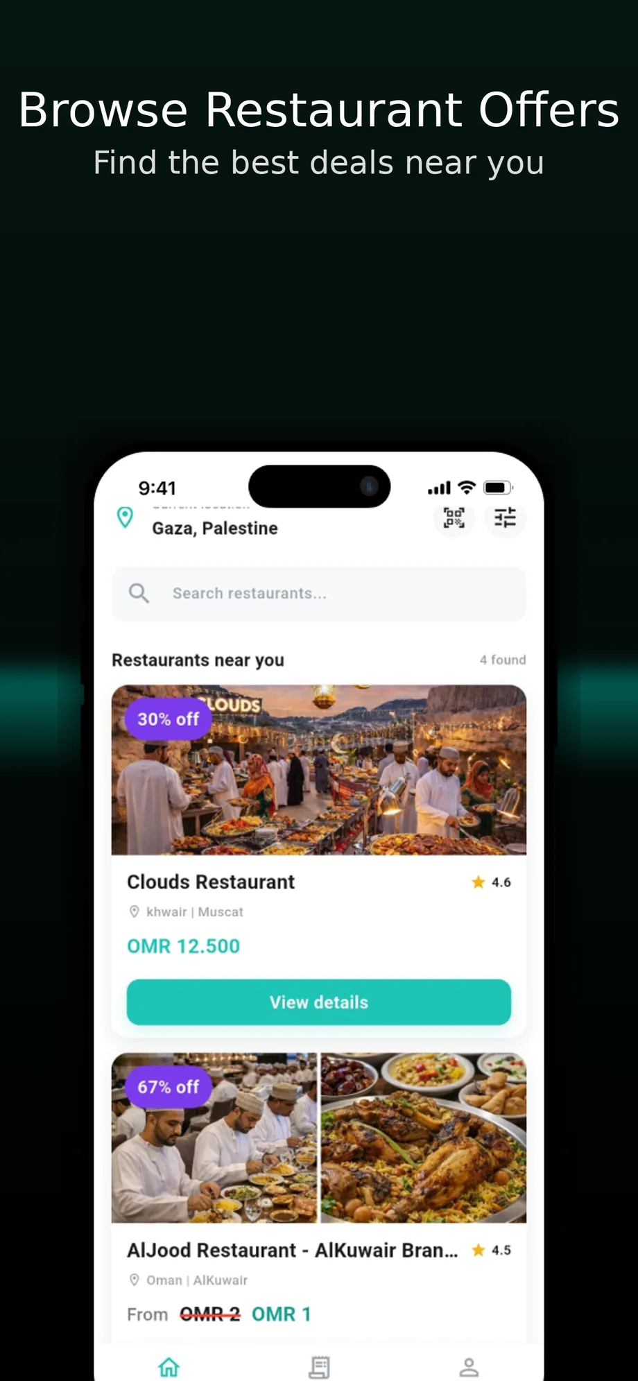 Jood mobile interface showing restaurant offer discovery