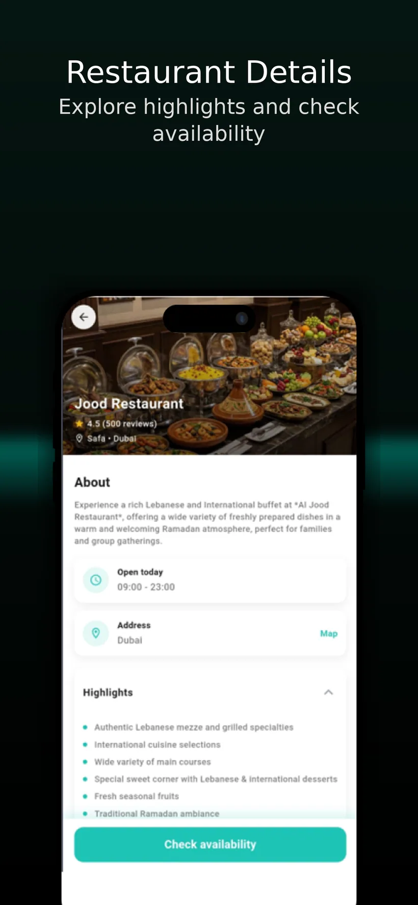 Jood restaurant detail interface with availability and service information