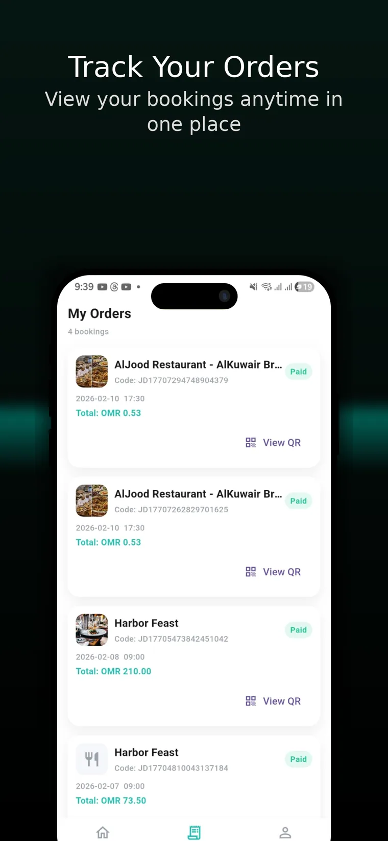 Jood orders interface listing paid bookings with QR access