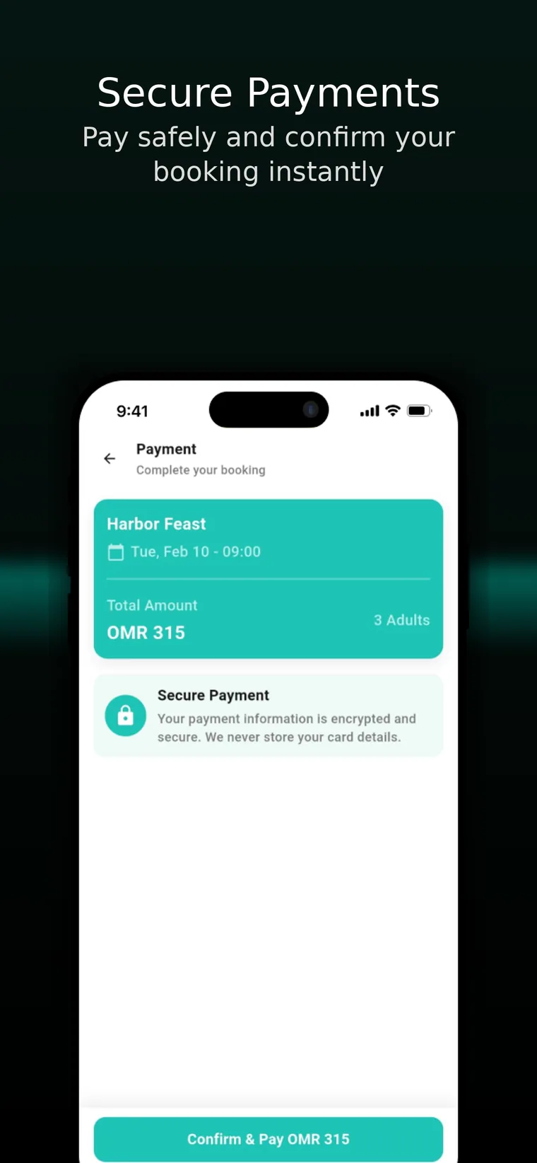 Jood mobile interface showing a secure booking payment step