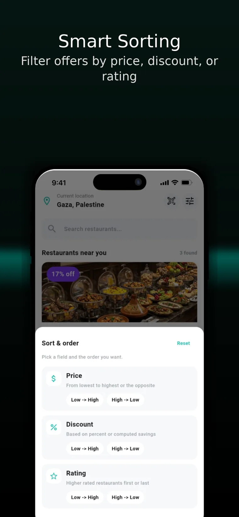 Jood offer sorting interface with price, discount, and rating controls